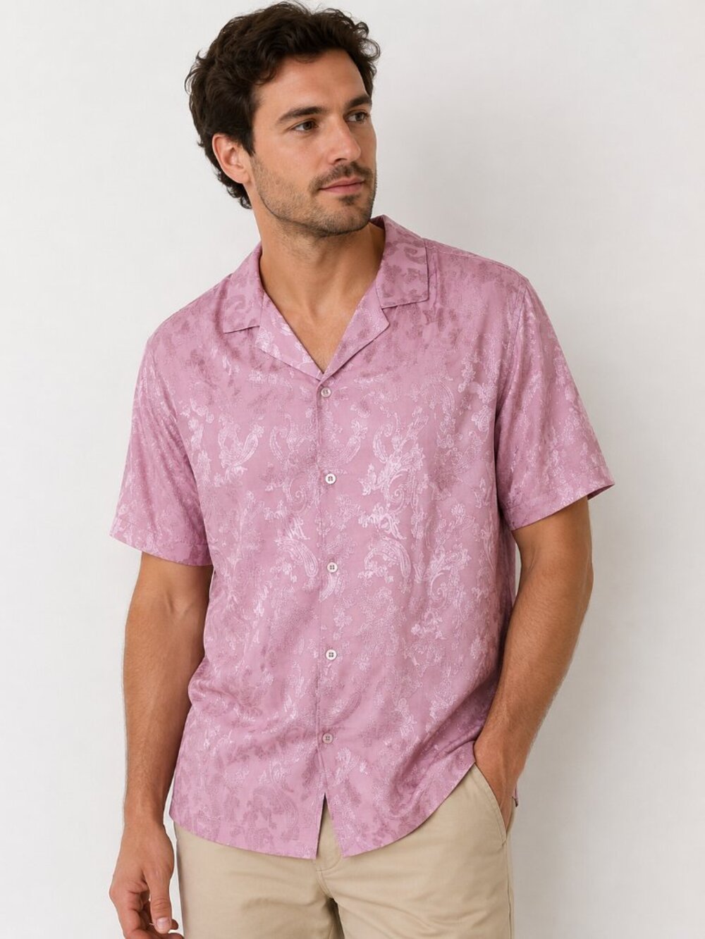 Forever 21 Lilac Paisley Jacquard Camp Collar Short Sleeve Shirt Mens XL NWT